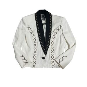 Suzelle VTG Cream Black Embroidered Lace up Blazer sz4 Shawl Collar Western Glam